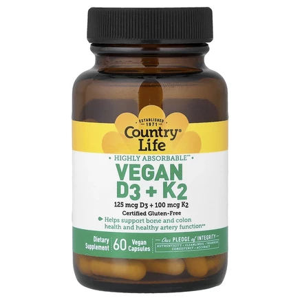 Country Life, веганские витамины D3 и K2, 60 веганских капсул