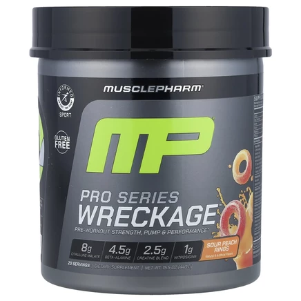 MusclePharm, Pro Series Wreckage™, предтренировочный комплекс, кусочки кислого персика, 440 г (15,5 унции)