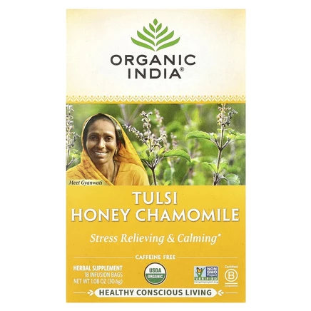 Organic India, чай с тулси, медом и ромашкой, без кофеина, 18 пакетиков, 30,6 г (1,08 унции)