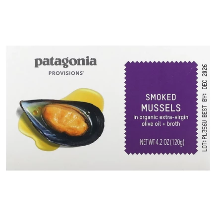 Patagonia Provisions, Копченые мидии в органическом оливковом масле холодного отжима + бульон, 120 г (4,2 унции)