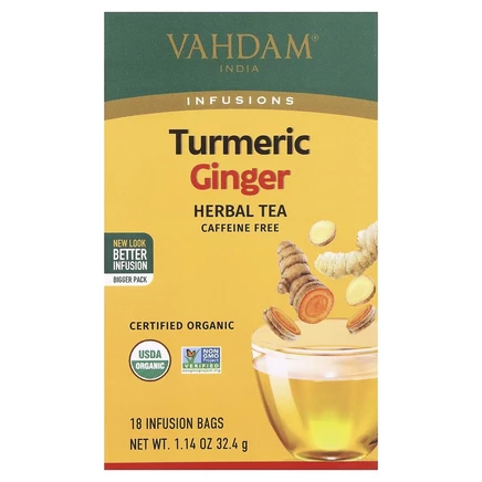 Vahdam Teas, Infusions, травяной чай, куркума и имбирь, без кофеина, 18 пакетиков для заваривания, 32,4 г (1,14 унции)