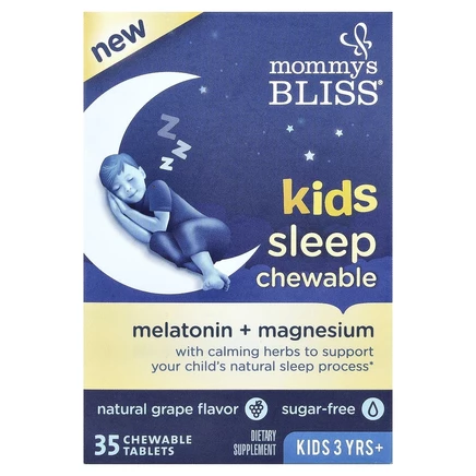 Mommy's Bliss, детские жевательные таблетки для сна, мелатонин + магний, для детей от 3 лет, натуральный виноград, 35 жевательных таблеток