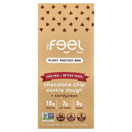 The Feel Bar, растительные протеиновые батончики, тесто для печенья с шоколадной крошкой и кордицепсом, 10 батончиков по 57 г (2 унции)