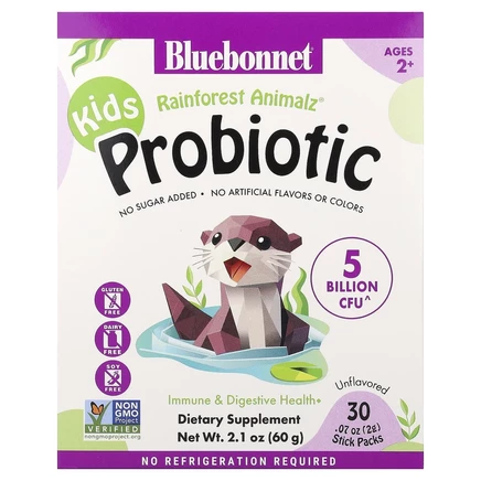 Bluebonnet Nutrition, Kids, пробиотик, для детей от 2 лет, без вкусовых добавок, 30 пакетиков по 2 г (0,07 унции)