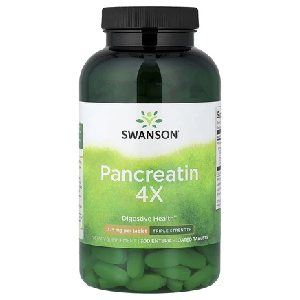 Swanson, Pancreatin 4X, тройная сила действия, 375 мг, 300 таблеток с кишечнорастворимой оболочкой