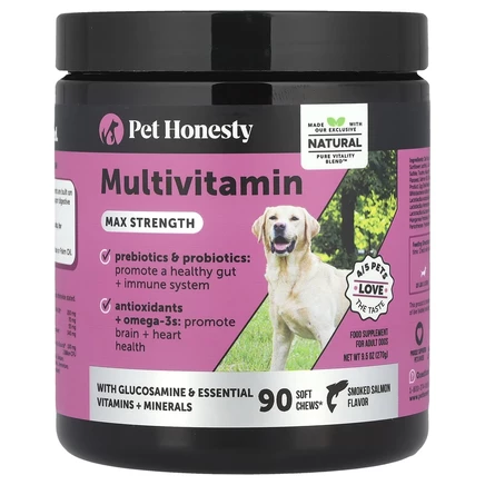 Pet Honesty, Мультивитамины, максимальная сила действия, для взрослых собак, с копченым лососем, 90 жевательных таблеток, 270 г (9,5 унции)