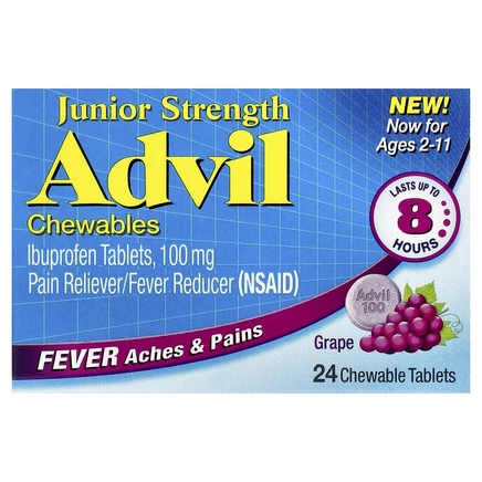 Advil, Junior Strength, жевательные таблетки, для возраста 2–11 лет, со вкусом винограда, 24 жевательные таблетки