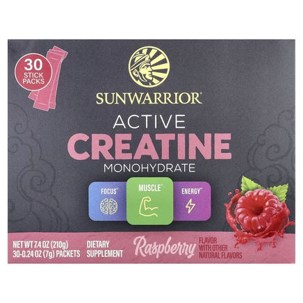 Sunwarrior, активный моногидрат креатина, малина, 30 пакетиков по 7 г (0,24 унции)