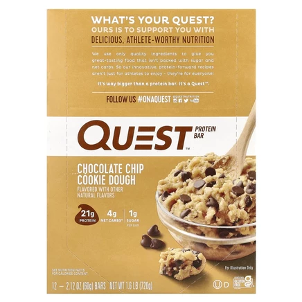 Quest Nutrition, Протеиновый батончик, шоколадная крошка, песочное тесто, 12 штук, 2,12 унц. (60 г) каждый