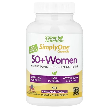 Super Nutrition, Simply One®, мультивитамины и поддерживающие травы для женщин старше 50 лет, вкус ягод, 90 жевательных таблеток