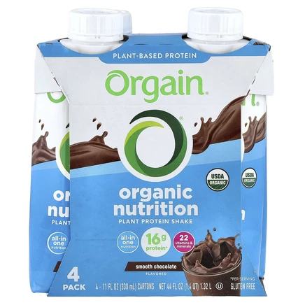 Orgain, Organic Nutrition, питательный коктейль, гладкий шоколад, 4 пакетика по 330 мл (11 жидк. Унций)