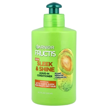 Garnier, Fructis, Sleek & Shine, несмываемый кондиционер для интенсивной разглаживания, вьющиеся, сухие, непослушные волосы, 300 мл (10,2 жидк. Унции)