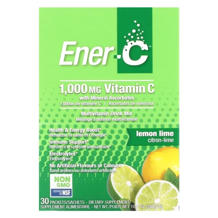 Ener-C, витамин C, смесь для приготовления мультивитаминного напитка со вкусом лайма и лимона, 1000 мг, 30 пакетиков, 9,56 г (0,3 унции) в каждом