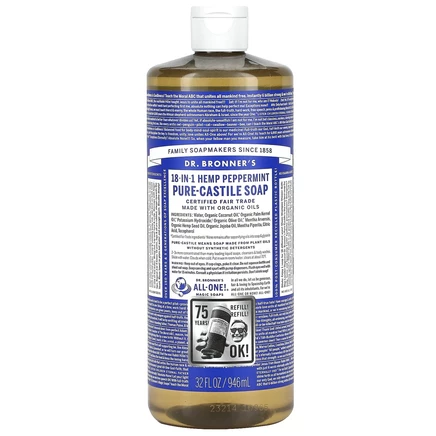 Dr. Bronner's, Чистое кастильское мыло из конопли 18 в 1, перечная мята, 946 мл (32 жидк. Унции)