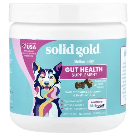 Solid Gold, Mellow Belly™, добавка для здоровья кишечника, для собак, копченый бекон, 120 жевательных таблеток, 216 г (7,6 унции)