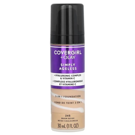 Covergirl, Olay Simply Ageless, тональный крем 3 в 1, оттенок 245 теплый бежевый, 30 мл (1 жидк. унция)