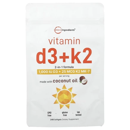 Micro Ingredients, витамины D3 и K2, 240 мягких таблеток