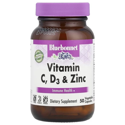 Bluebonnet Nutrition, витамины C, D3 и цинк, 50 растительных капсул