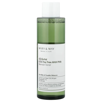 Mary & May, Vegan CICA Tea Tree AHA PHA, тоник от пятен, 200 мл (6,76 жидк. Унции)