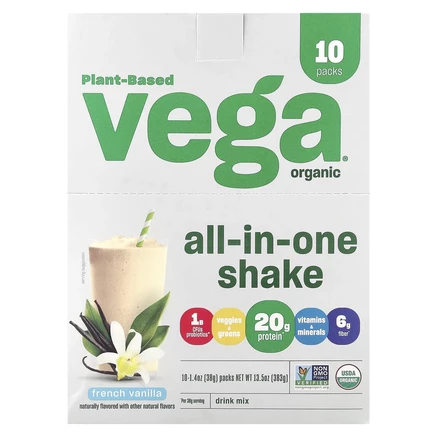 Vega, Растительный, органический универсальный коктейль, французская ваниль, 10 пакетиков по 38 г (1,4 унции)