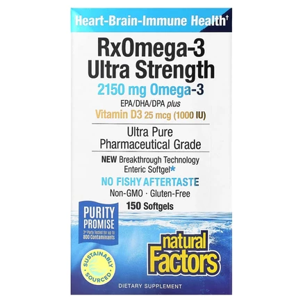 Natural Factors, RxOmega-3, омега-3 повышенной силы действия с витамином D3, 2150 мг, 150 капсул (1075 мг в 1 капсуле)