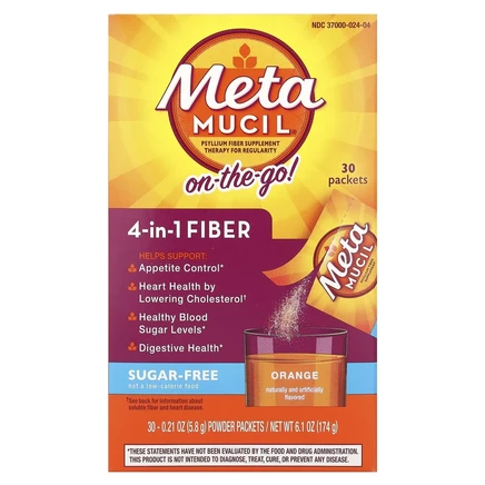 Metamucil, On-The-Go, клетчатка 4 в 1, без сахара, апельсин, 30 пакетиков с порошком по 5,8 г (0,21 унции)
