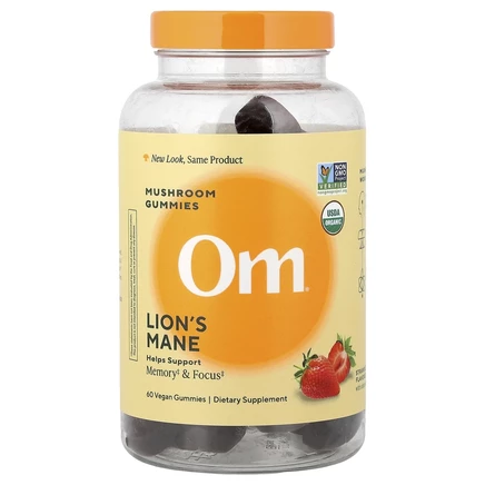 Om Mushrooms, ежовик гребенчатый, жевательные грибы, со вкусом клубники, 60 веганских жевательных таблеток