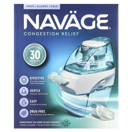 Navage, Nasal Care, стартовый набор для промывания носа солевым раствором, средство для чистки носа, модель SDG-2 + 20 капсул Saltpod