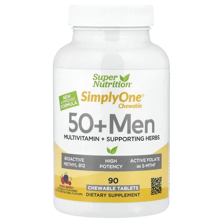Super Nutrition, SimplyOne®, жевательные мультивитамины и поддерживающие травы для мужчин старше 50 лет, вкус ягод, 90 жевательных таблеток