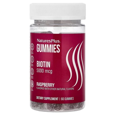 NaturesPlus, Жевательные мармеладки с биотином, малина, 5000 мкг, 60 жевательных таблеток