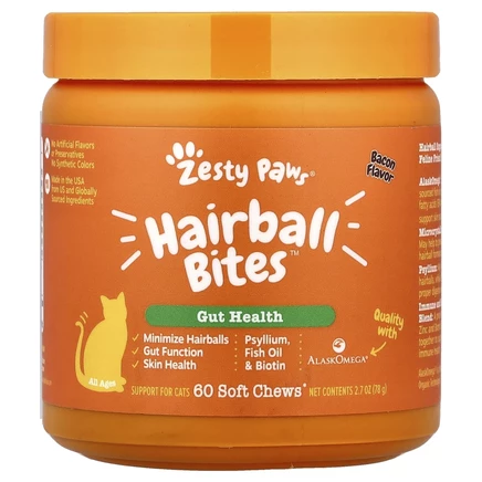 Zesty Paws, Hairball Bites, для кошек, для всех возрастов, бекон, 60 жевательных таблеток, 78 г (2,7 унции)