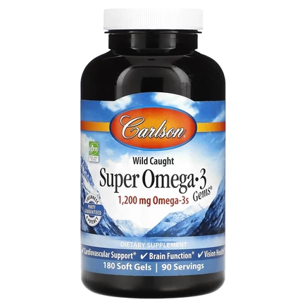 Carlson, Super Omega-3 Gems, высокоэффективные омега-3 кислоты из рыбы дикого улова, 1200 мг, 180 капсул (600 мг в 1 капсуле)