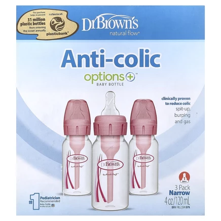 Dr. Brown's, Natural Flow®, Options+™, детская бутылочка с коликами, от 0 месяцев, 3 упаковки по 120 мл (4 унции)