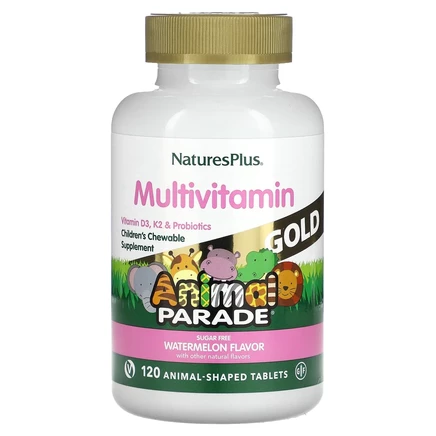 NaturesPlus, Source of Life Animal Parade Gold, жевательная мультивитаминная добавка с микроэлементами для детей, со вкусом арбуза, 120 таблеток в форме животных