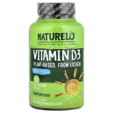NATURELO, витамин D3, 62,5 мкг (2500 МЕ), 120 капсул, которые легко глотать