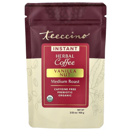Teeccino, растворимый травяной кофе, ваниль и орех, средней обжарки, без кофеина, 100 г (3,53 унции)