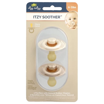 itzy ritzy, Itzy Soother ™, пустышки с сосками из натурального каучука, для детей от 6 до 18 месяцев, кокос и тосты, 2 пустышки