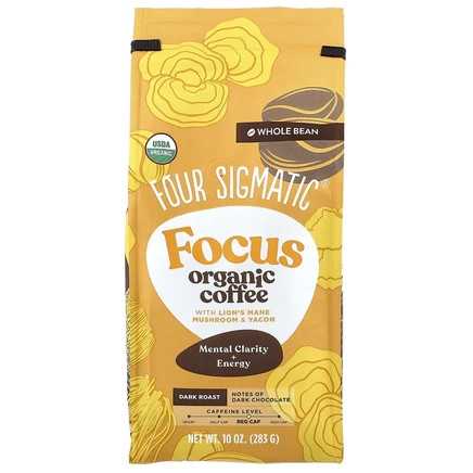 Four Sigmatic, Think, органический кофе с грибом ежовиком гребенчатым и яконом, цельные зерна, темная обжарка, 340 г (12 унций)