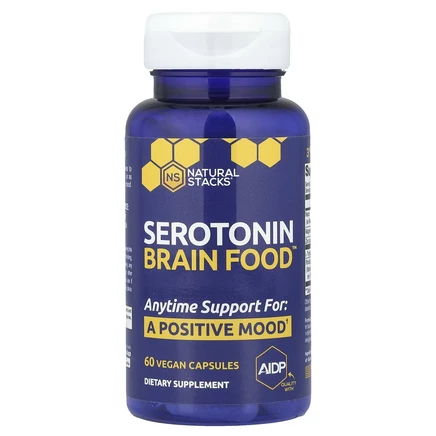 Natural Stacks, Serotonin Brain Food, добавка с серотонином для здоровья мозга, 60 веганских капсул