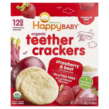 Happy Family Organics, органические крекеры для режущихся зубок, клубника и свекла с амарантом, 12 упаковок по 4 г (0,14 унции)