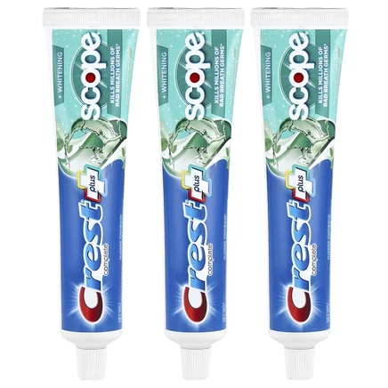 Crest, Complete Plus ™, Scope® + Whitening, зубная паста с фтором, мятная свежесть в полоску, 3 пакетика по 153 г (5,4 унции)