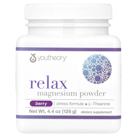 Youtheory, Relax, магниевый порошок, формула для снятия стресса + L-теанин, вкус ягод, 126 г (4,4 унции)