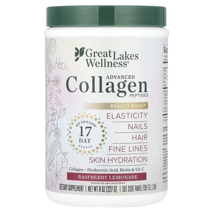 Great Lakes Wellness, Quick Dissolve Collagen Peptides, Daily Beauty, малиновый лимонад, 227 г (8 унций)