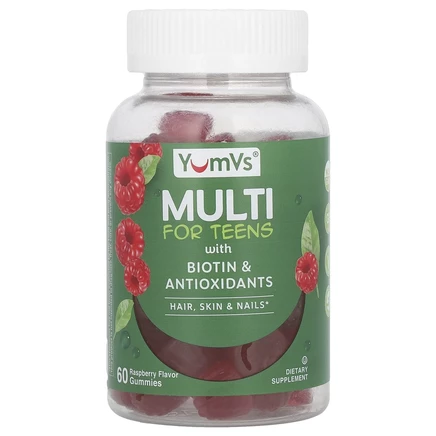 YumVs, Мультивитамины для подростков с биотином и антиоксидантами, малина, 60 жевательных таблеток