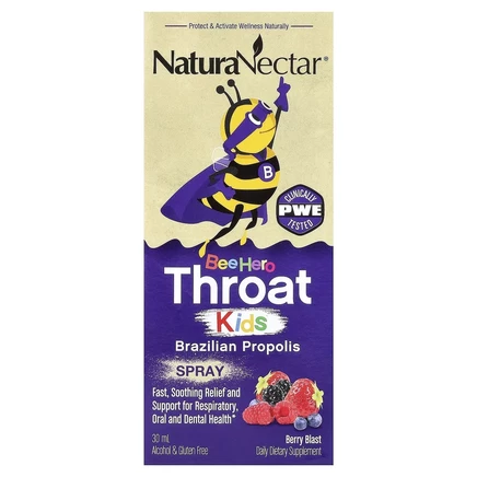 NaturaNectar, Bee Hero Throat Kids, Натуральный спрей с прополисом, Berry Blast, 30 мл