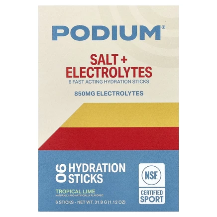Podium Nutrition, Salt + Electrolytes, увлажняющие стики, со вкусом тропического лайма, 6 шт., 31,8 г (1,12 унции)
