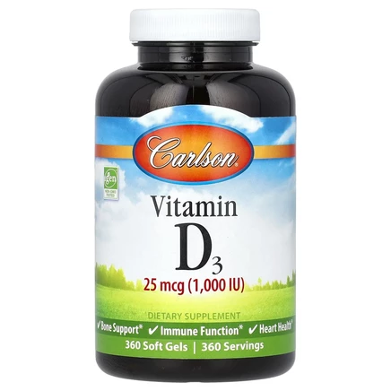 Carlson, Витамин D3, 25 мкг (1000 МЕ), 360 мягких таблеток