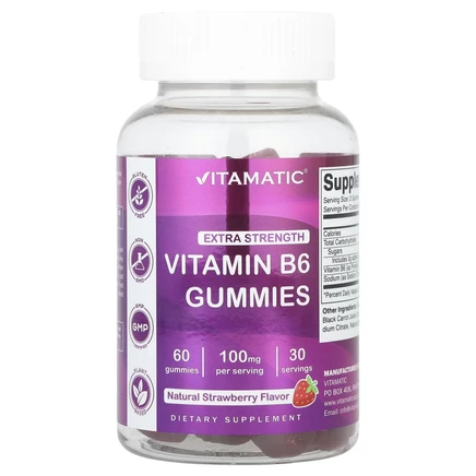 Vitamatic, витамин B6, повышенная сила действия, со вкусом ягод, 100 мг, 60 жевательных мармеладок (50 мг в 1 жевательной таблетке)