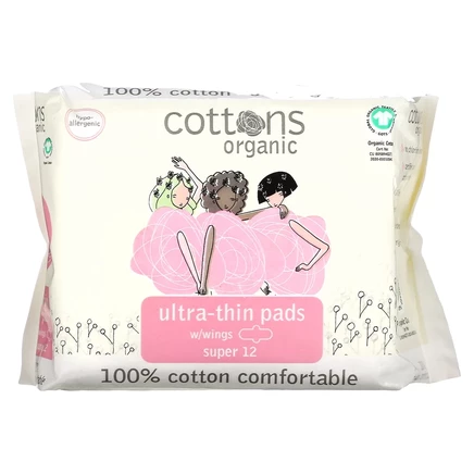 Cottons, Ультратонкие прокладки с крылышками, покрывающий слой из 100% чистого хлопка, Super, 12 штук