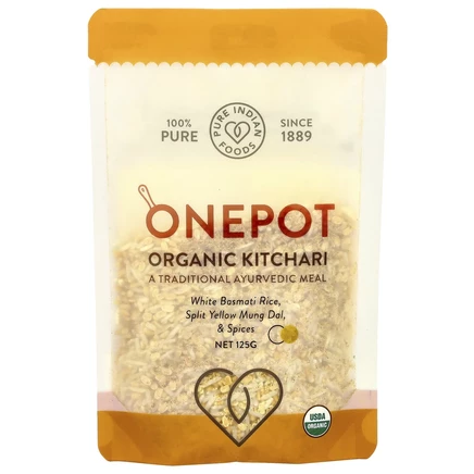 Pure Indian Foods, OnePot, органический кичари, белый рис басмати, желтый мунг дал и специи, 125 г